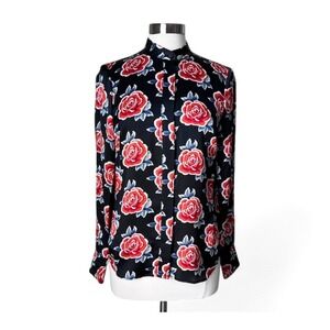 Brooks Brothers Womens 100% Silk Blouse Black‎ Asian Inspired Rose Print Size 4